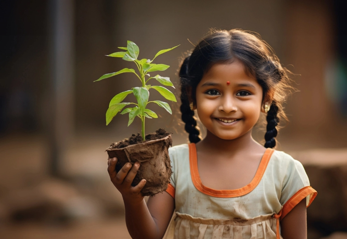 A young girl holding a sapling, representing Good Earth Infra’s commitment to social responsibility, supporting local communities, and reinvesting in the commercial neighborhoods in which we operate.