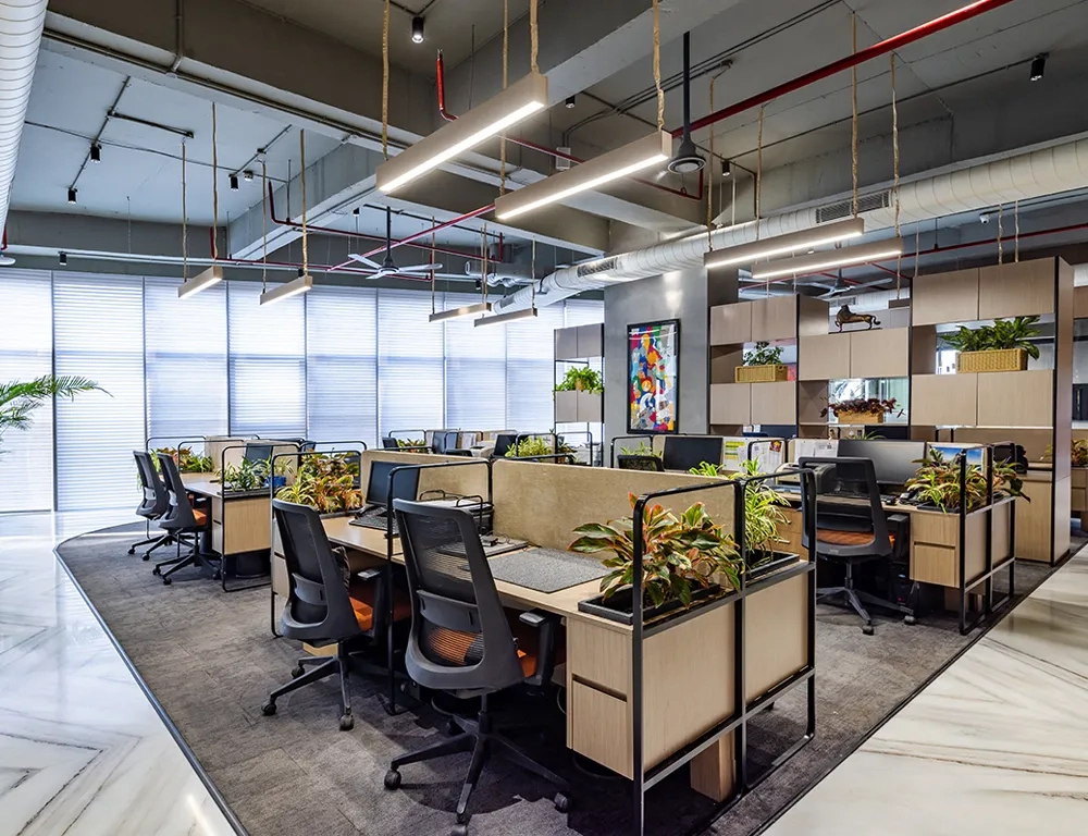 Modern office cubicles at Good Earth Infra, featuring sleek design and greenery for a productive work environment.