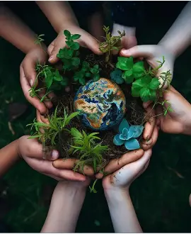 Hands holding a globe surrounded by plants, symbolizing our commitment to enriching communities where we build and operate commercial real estate.